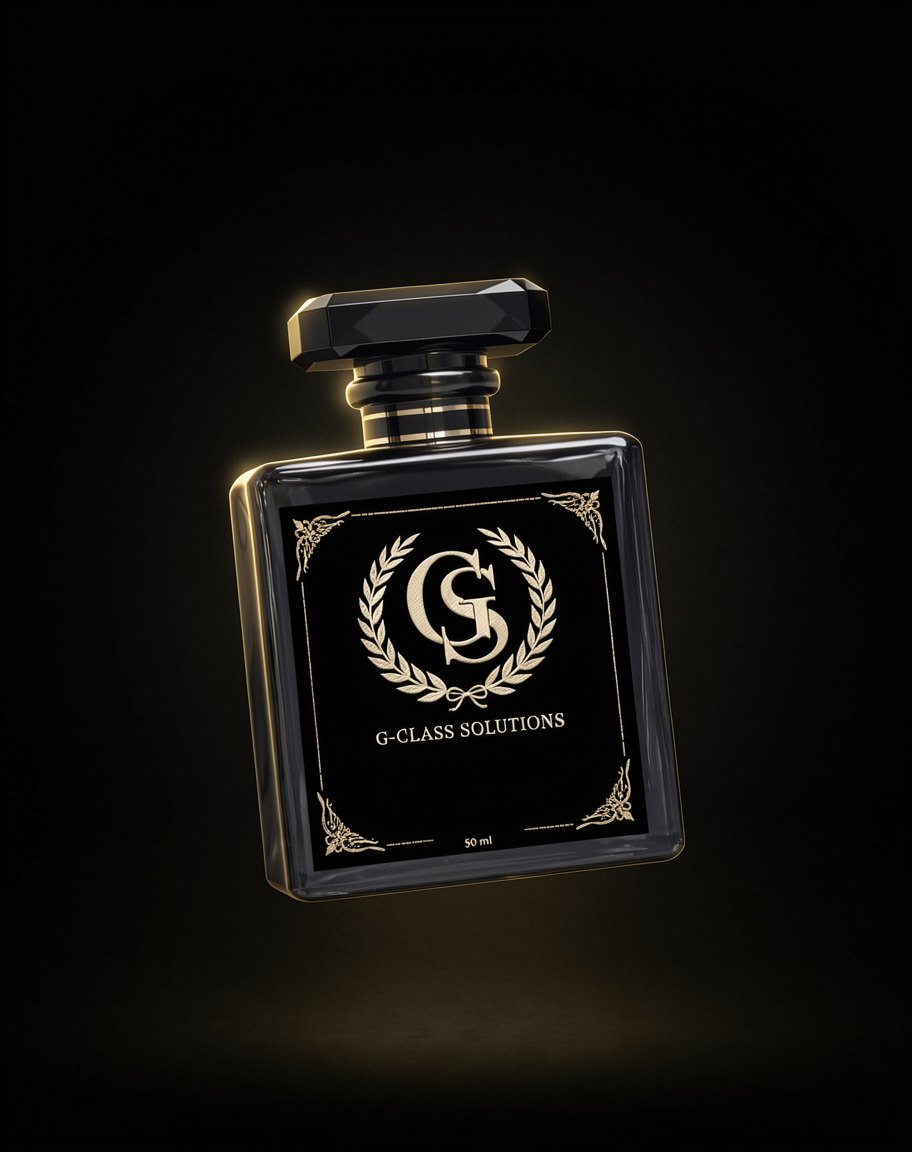 G-Class Solutions black perfume bottle floating against black