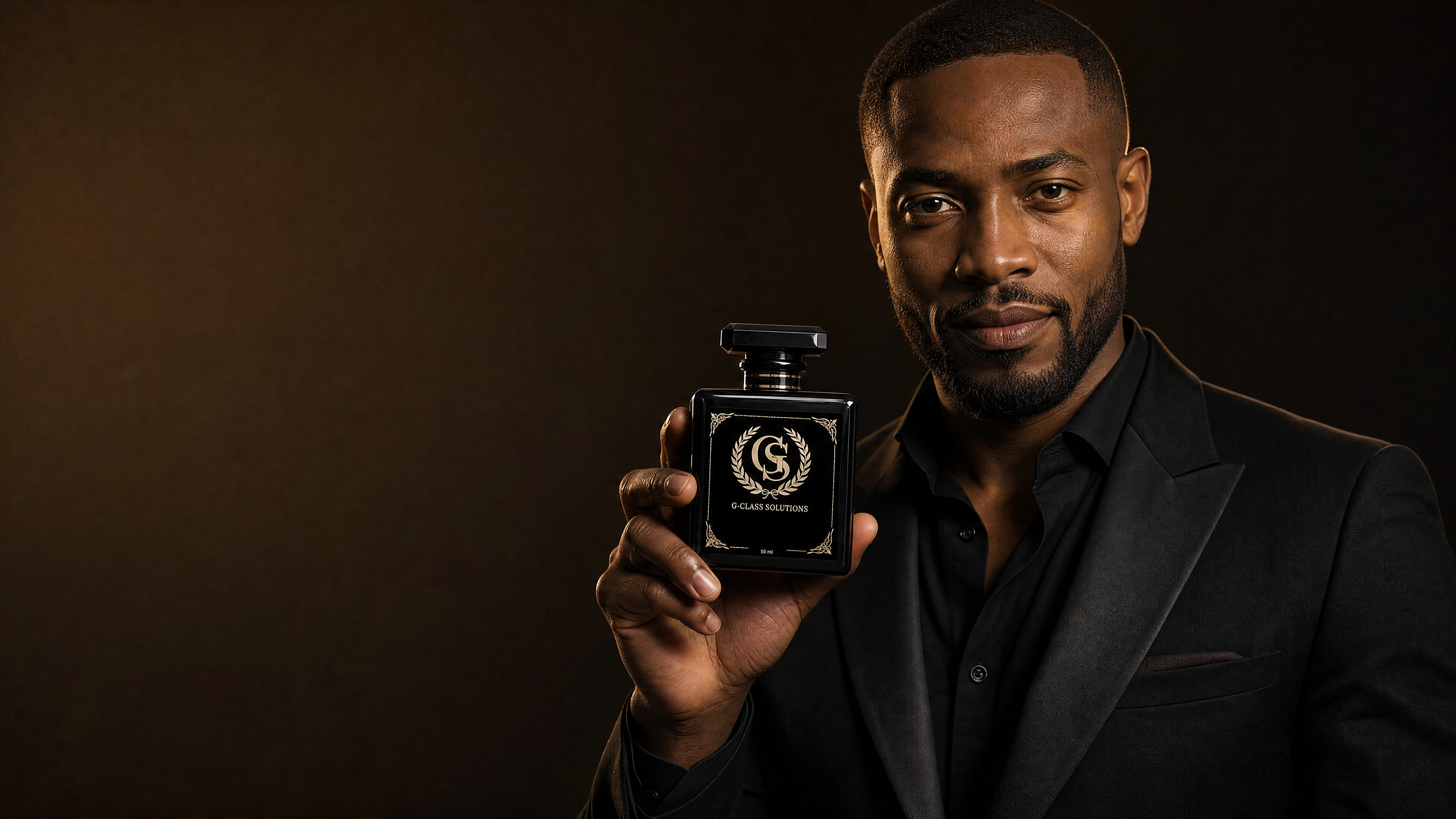 A man in a black suit holding a G-Class Solutions perfume bottle
