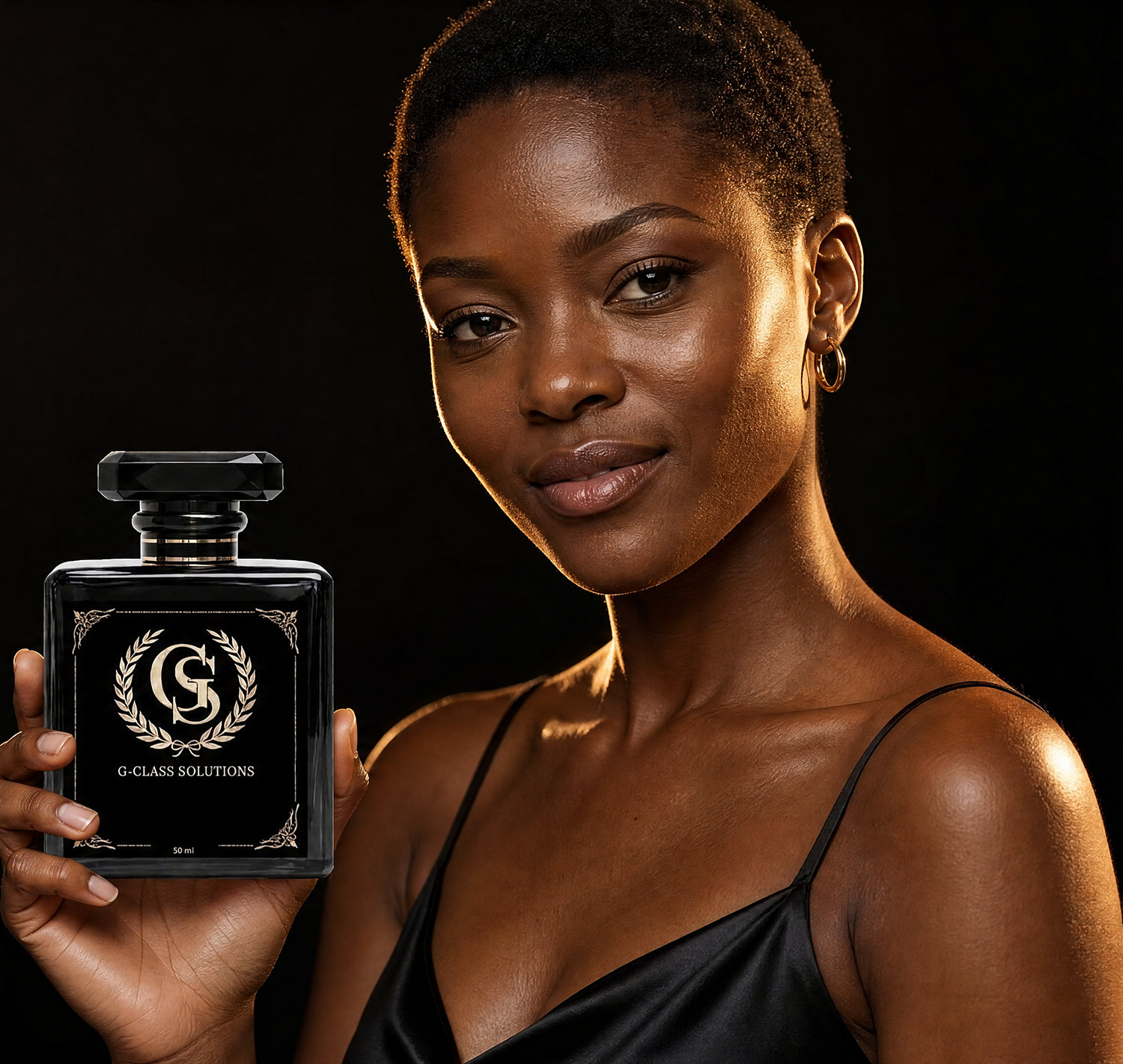 A woman holding a black G-Class Solutions perfume bottle